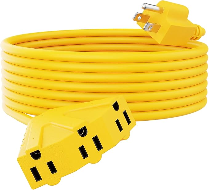PLUGTUL 25FT Outdoor Extension Cord with Multiple Outlets, 14 Gauge, 3-Outlet, SJTW, 15A 14AWG 1875W SJTW, ETL Listed - Great for Garage, Garden and Home, Yellow