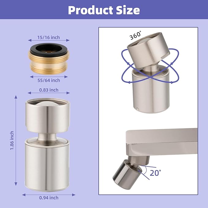 Hibbent NSF/ANSI/CAN 61 Certified Faucet Aerator, CUPC Certification 360 Degree Swivel Kitchen Sink Aerator, 2-Flow Sprayer Faucet Replacement Part 55/64 Inch Female Thread - Brushed Nickel