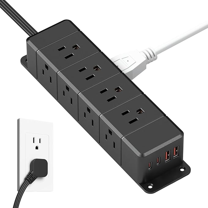 45W USB-C Fast Charging Under Desk Power Strip,12 Outlet Mountable Power Strip with 4 USB,1200J Surge Protection,10FT Flat Extension Cord Black