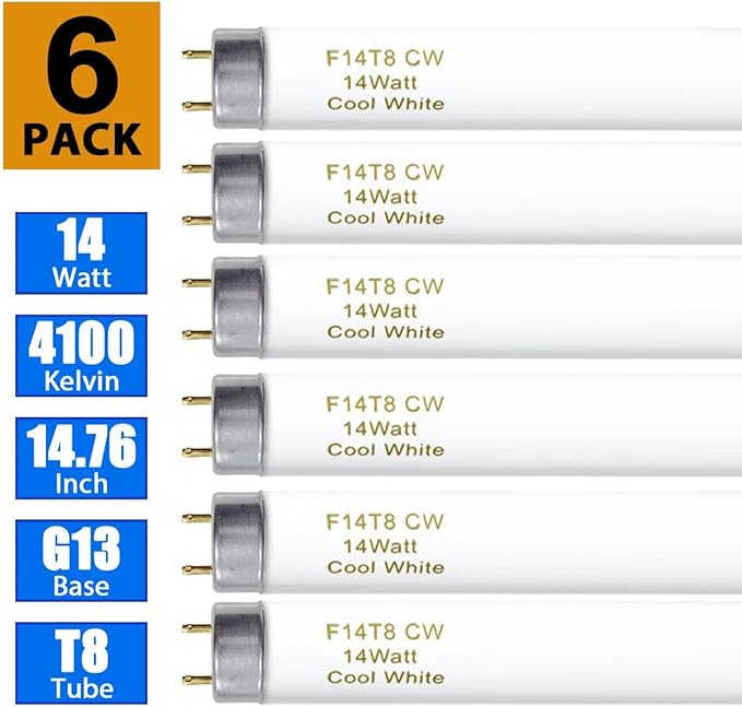 15 Inches T8 Fluorescent Light Bulb 4100K 14 Watt, F14T8/CW 14W Fluorescent Tube,14 Watts, G13 Medium Base, 650 Lumen, 6 Pack