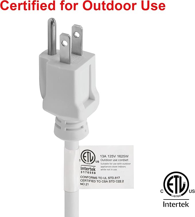 Clear Power 12 ft Indoor/Outdoor Extension Cord 16/3 SJTW, White, Water & Weather Resistant, Flame Retardant, 3 Prong Grounded Plug, CP10205