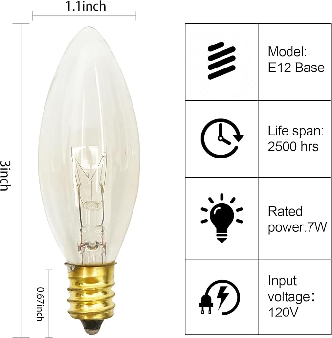 25 Pack Candelabra Replacement Bulb, C26 Clear Torpedo Tip Replacement Lights Bulbs, 7 Watt Incandescent Night Light for Indoor Outdoor Electric Window Candle, Chandeliers, C7/E12 Candelabra Base
