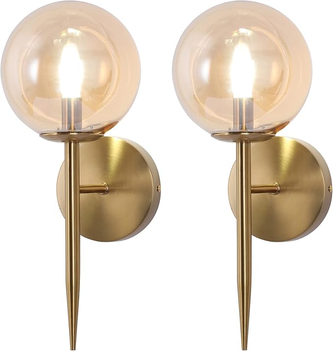 SeeU Gold Wall Sconces Mid Century Style Set of 2,Brass Wall Lamp Fixture,Vanity Light Fixture Wall Lamp with Amber Globe
