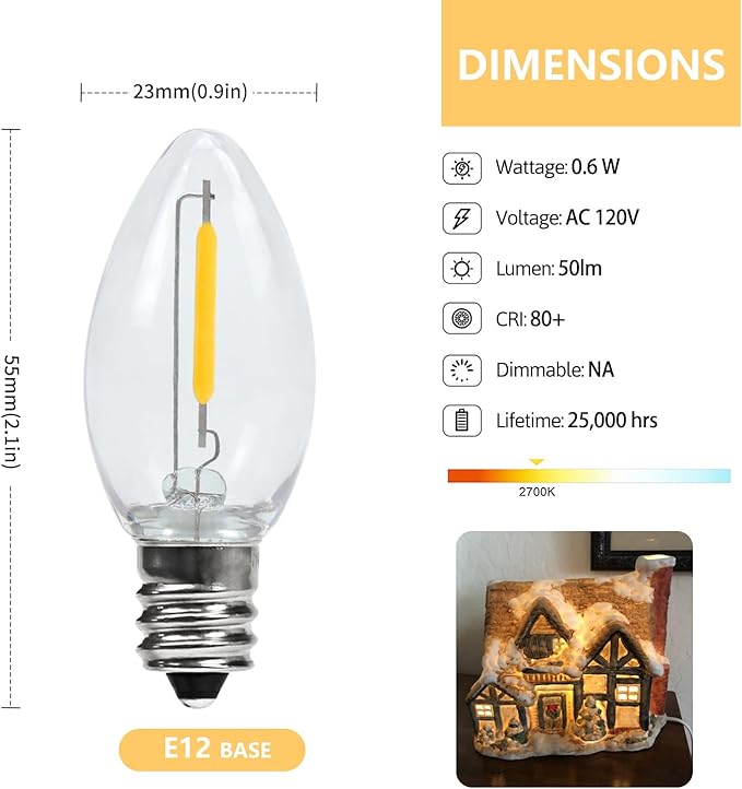 KGC 2 Pack Chainable Accessory Cord with C7 LED Light Bulb, 6 Ft Indoor Blow Mold Light Cord with Male and Female Plugs for Halloween Pumpkins Christmas Village Houses and Craft Projects Decoration