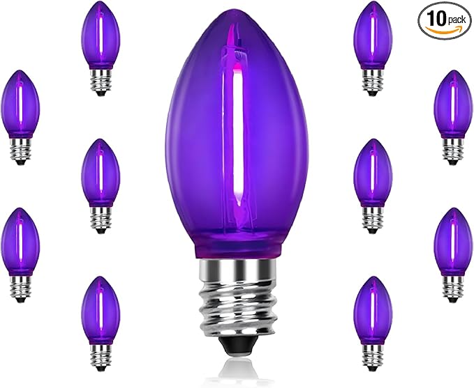 C7 Replacement Bulbs, Dark Purple LED Halloween Lights, Christmas Light Replacement Bulbs for Xmas Tree Patio Holiday Party Prom Wedding Decor, E12 Candelabra Base -10 Pack