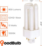 GoodBulb 13 Watt CFL Light Bulbs | 4 Pin GX24Q-1 Base 3000K Warm White | 13W High Output 810 Lumens | Triple Tube Compact Fluorescent Light Bulbs Plug-in | 10 Pack