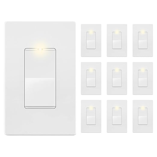 LIDER Minimalist Design Matte Finish Lighted Decorator Switch with Wall Plate, Frameless Paddle Light Switch with Locator Light, 3-Way, Grounding Screw, 15A 120V, UL Listed, White, 10 Pack