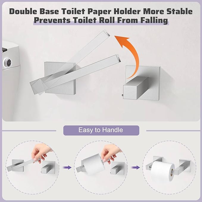 TNOMS Brushed Nickel Towel Bar Set,5-Piece Bathroom Hardware Set Includes Upgraded Double Base Paper Towel Holder Modern Square Towel Holder Set,Stainless Steel Wall Mount 23.6 Inch