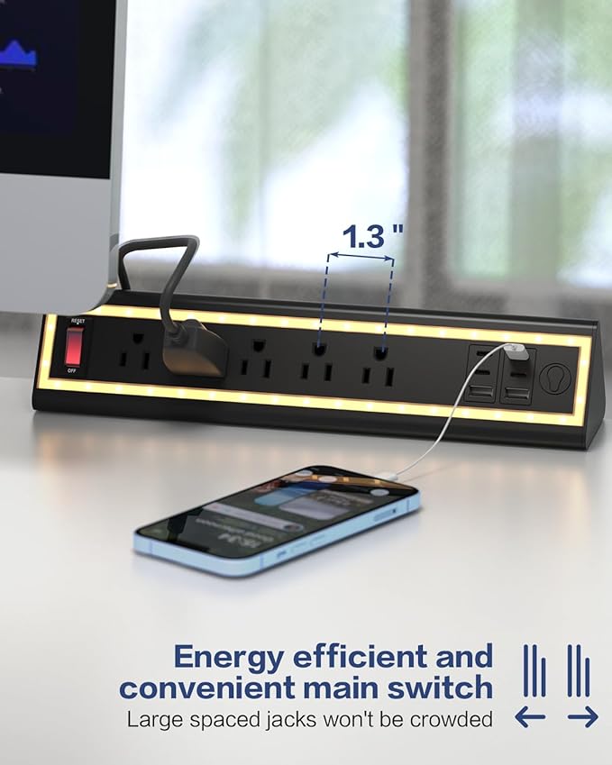 Desk Clamp Power Strip with Nightlight, 40W Fast Charging, 6FT Extension Cord, 4x20W USB-C & 2 USB Ports, 5 AC Outlets, Fits 1.69-Inch Table Edges