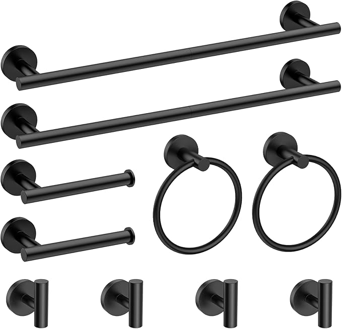 10-Pieces Bathroom Hardware Set, Includes 24 Inch Towel Racks for Bathroom Wall Mounted, Toilet Paper Holder, Towel Hooks for Bathrooms, Towel Rings for Bathroom Wall (Matte Black)
