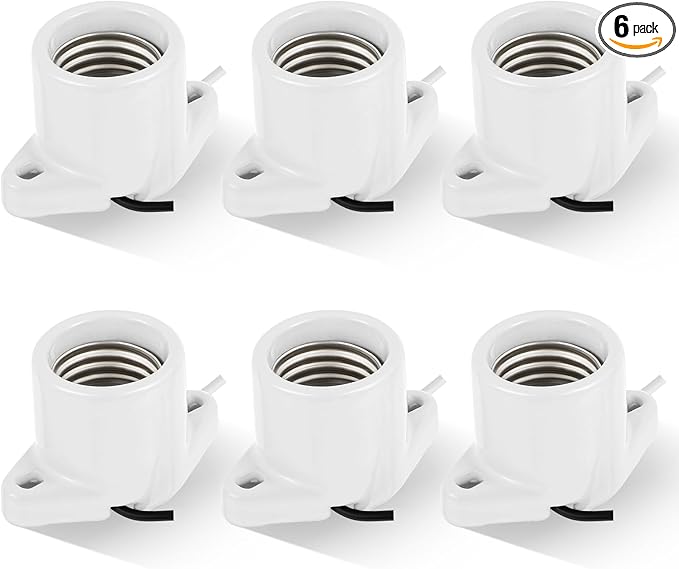 6 Pcs E26 Light Socket Porcelain Lamp Holder Socket Medium Keyless Threaded Base with Two Hole Flange Mounting and 6" Wire Indoor Garage Closet Lighting