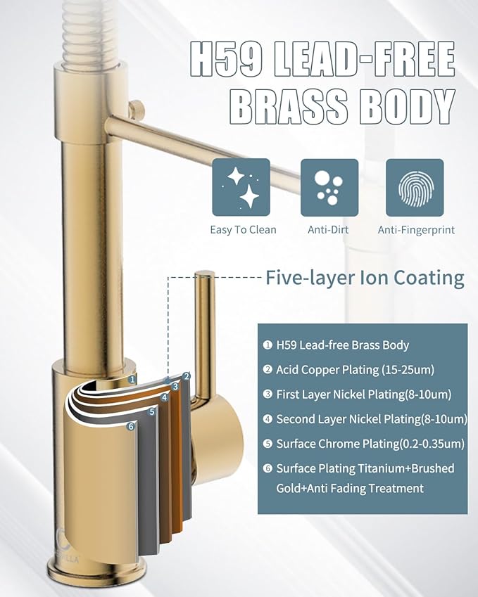 Kitchen Faucet, Brushed Gold Faucet for Kitchen Sink, Kitchen Sink Faucet with Pull Down Sprayer, Single Handle Stainless Steel Kitchen Faucets with Dual Function Spray Head