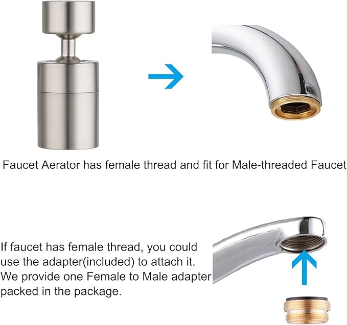 Hibbent NSF/ANSI/CAN 61 Certified 360 Degree Swivel Sink Faucet Aerator, CUPC Certification Big Angle Water Saving Dual Function Kitchen Faucet Aerator,55/64 Inch Female Thread, Brushed-Nickel