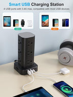 Power Strip Tower with Wireless Charger, Flat Plug Surge Protector Tower with 15FT Extension Cord, 12 AC Multiple Outlets, 4 USB (2 USB C),15W Wireless Charging Power Tower for Home Office Dorm, Black