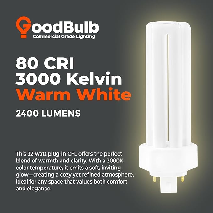 GoodBulb 32 Watt CFL Light Bulbs 4 Pin GX24Q-3 Base 3000K Warm White 32W High Output 2400 Lumens Triple Tube Compact Fluorescent Light Bulbs Plug-in 10 Pack