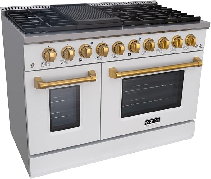 Akicon 48 Inch Freestanding Double Rapid Convection Gas Range - 6.7 cu. ft. Oven - 8 Sealed Burners & Griddle, Heavy Duty Cast Iron Grates (White & Gold)