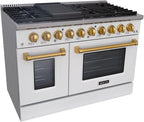 Akicon 48 Inch Freestanding Double Rapid Convection Gas Range - 6.7 cu. ft. Oven - 8 Sealed Burners & Griddle, Heavy Duty Cast Iron Grates (White & Gold)
