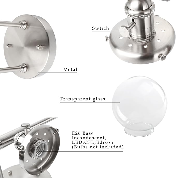 Phansthy 3-Light Wall Sconces Antique Brass Vanity Light, Industrial Wall Lamps with On Off Switch and Clear Glass Lampshade, Vintage Wall Lighting for Bathroom Living Room (Brushed, Globe Shade)