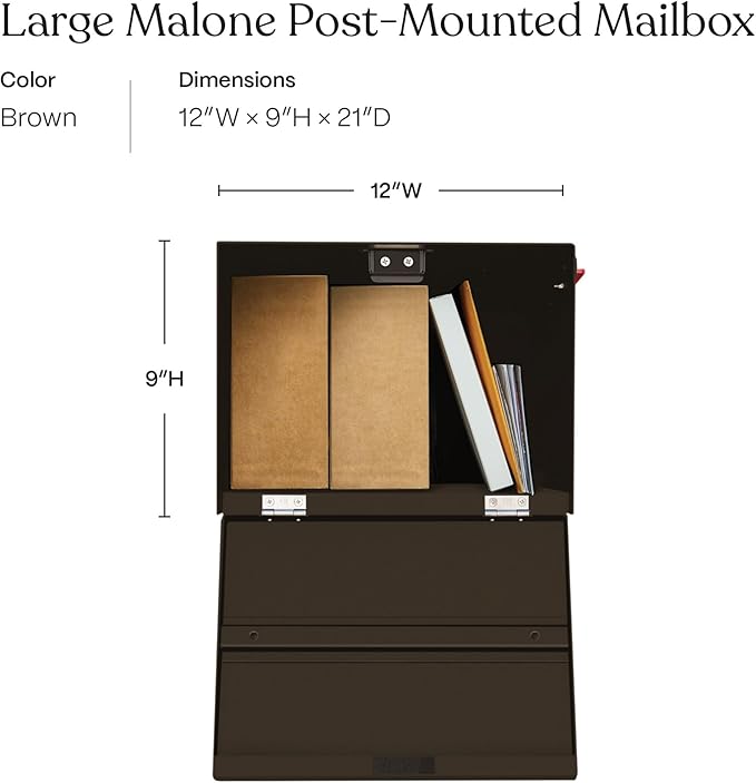 post & porch Malone Mailbox | Post Mounted Mailbox | Black/White/Gray/Brown/Red/Blue/Green, Regular or Large, Weatherproof Mail Box for Outside, Customizable (Brown, Large)