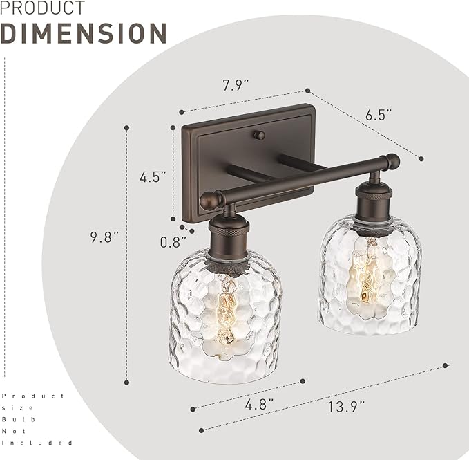 zeyu 2-Light Bathroom Vanity Light, Farmhouse Wall Sconce Lighting with Clear Hammered Glass, Oil Rubbed Bronze Finish, ZJF63B-2W ORB