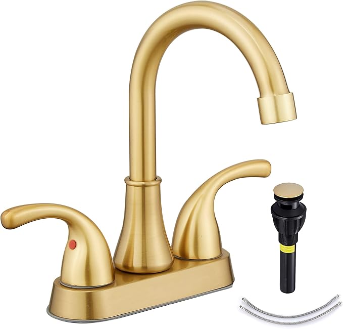 Bathroom Sink Faucet FRANSITON 4 Inch 2 Handle Lead-Free Brushed Grey Bath Sink Faucet with Pop-up Drain Stopper and Supply Hoses