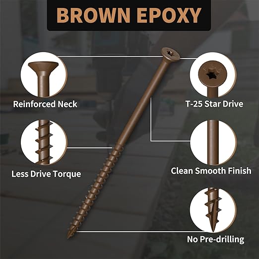 Wood Screws 5 Inch, FIXLINK Deck Screws #10 x 5, 105 PCS, Epoxy Coated, T25 Star Bit Above 1500 Hour Salt Spray Coating Outdoor Decking Screws Excellent Rust Resistant for Wood Fence, Brown