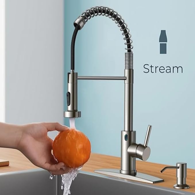 Touch-Less Kitchen Faucet, 3 Modes Pull Down Sprayer, LED Temperature Control,Ceramic Valve, 360-Degree Rotation, 1 or 3 Hole Deck Plate. 10-Year Warranty. (KW-79SN, Brushed Nickel)