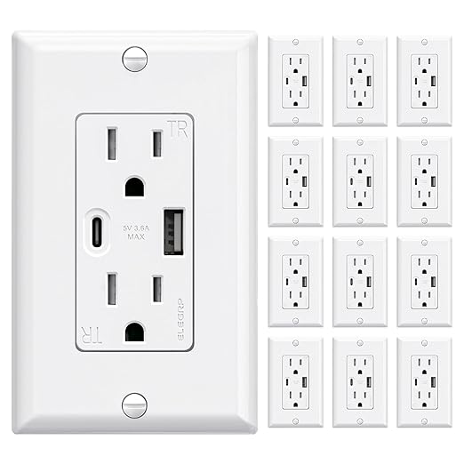 ELEGRP Wall Outlets 12 Pack, 15 Amp C Wall Outlets Receptacles, Outlets with A and C Ports, Tamper Resistant Receptacle, Wall Plate Included, UL Listed, White