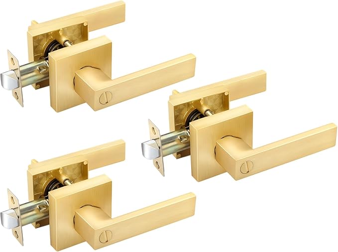 EHOMEWARE 3 Pack Door Handles Privacy Door Lever Set Interior Door Handles Knobs, Left/Right Handing, Door Handle Lock in Satin Brass Finish, Heavy Duty Constructions