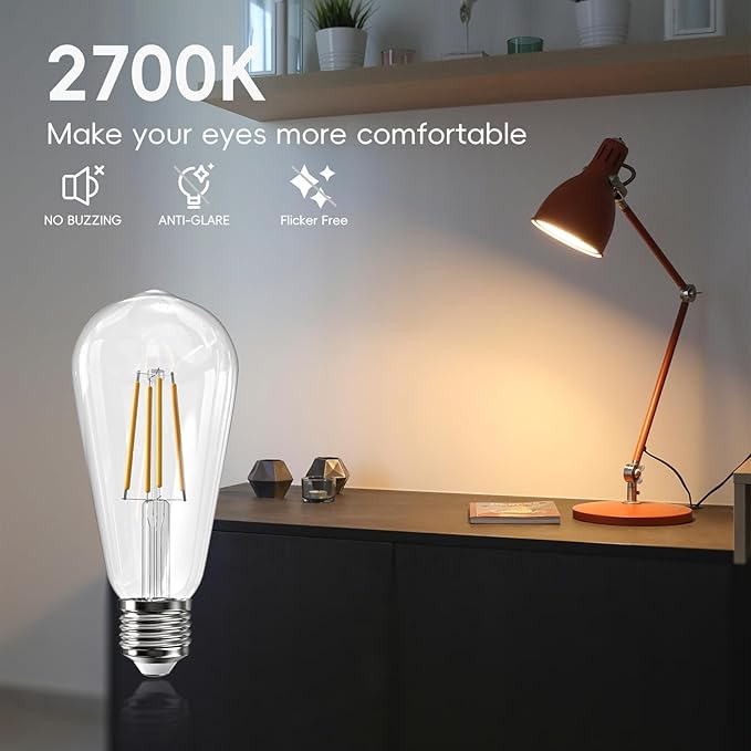 Jensense Edison LED Light Bulbs 8Watt Dimmable, 2700K Warm White, E26 Base, 60W Equivalent, Vintage Bulbs 800lm CRI 90, 8 Pack