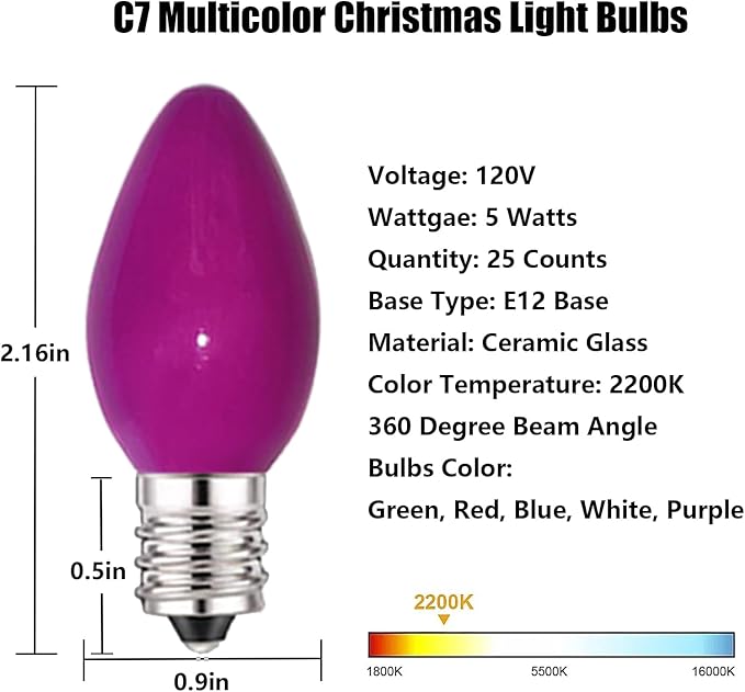 C7 Multicolor Christmas Replacement Bulbs, 25 Pack Ceramic Color Christmas Light Bulbs, Vintage Edison Light Bulbs for C7 Christmas Lights Night Light Candle Chandelier, E12 Candelabra Base, 5 Watt