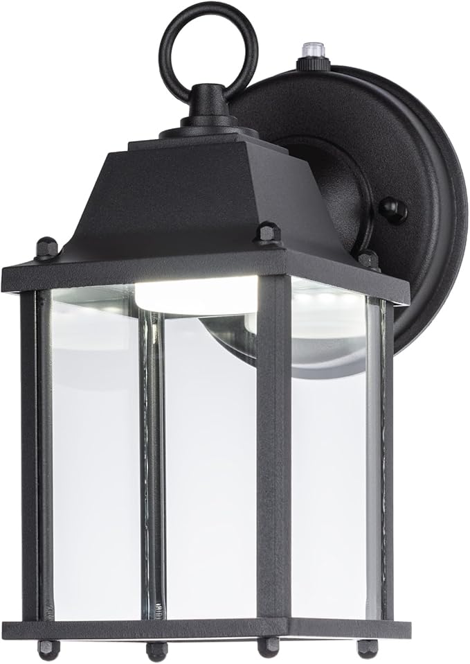 LIT-PaTH Small Outdoor LED Wall Lantern with Dusk to Dawn Photocell, 5000K Daylight White, 9.5W, 800 Lumen, Aluminum Housing Plus Glass, Outdoor Rated, 1-Pack, Black