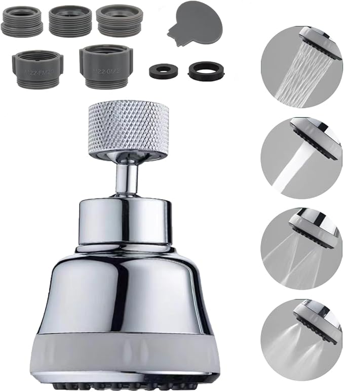 Faucet Aerator Faucet Sprayer Attachment, Kitchen Faucet Head Replacement with 4 Spray Modes, 360° Swivel Faucet Extender Anti-Splash Sink Sprayer Faucet Nozzle Head (Diamond, Silver)