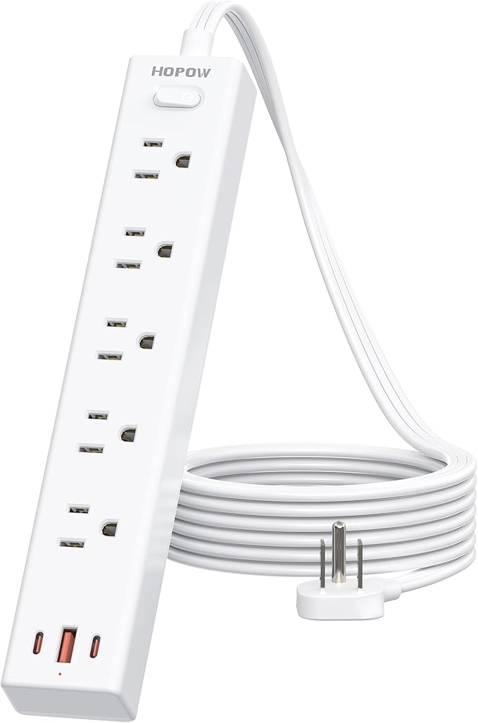 Flat Plug Power Strip, 6 Ft Ultra Thin Flat Extension Cord, Surge Protector with 5 Outlets & 3 USB Ports (2 USB C), 1700 Joules, Wall Mount, Desktop Charging Station for Home Office Dorm, White