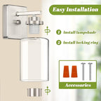 Set of 2 Wall Sconces for Bathroom, Brushed Nickel Vanity Light Fixtures, Modern Wall Mount Lighting Lanterns, Farmhouse Wall Lamps with Clear Glass Shade for Bedroom Living Room Mirror Hallway Porch