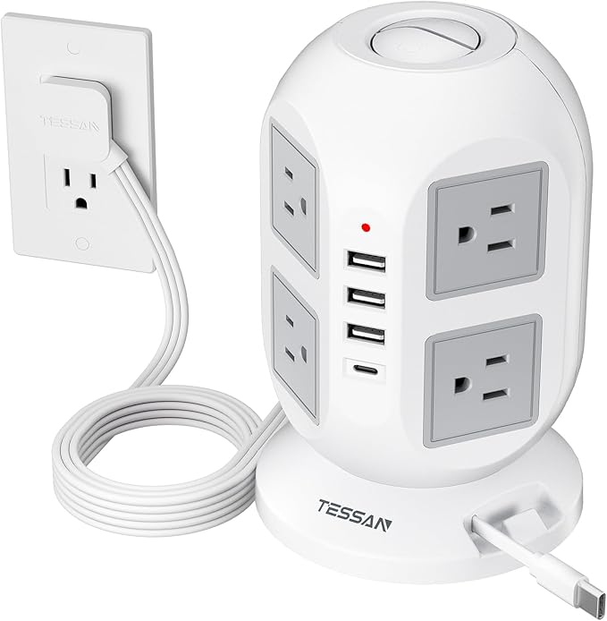 Tower Power Strip Surge Protector 10 Ft, TESSAN Flat Plug Extension Cord with Multiple Outlets, 8 AC Outlets, 4 USB Ports, 1 Built-in USB Cable, Desk Charging Station for Home Dorm Office