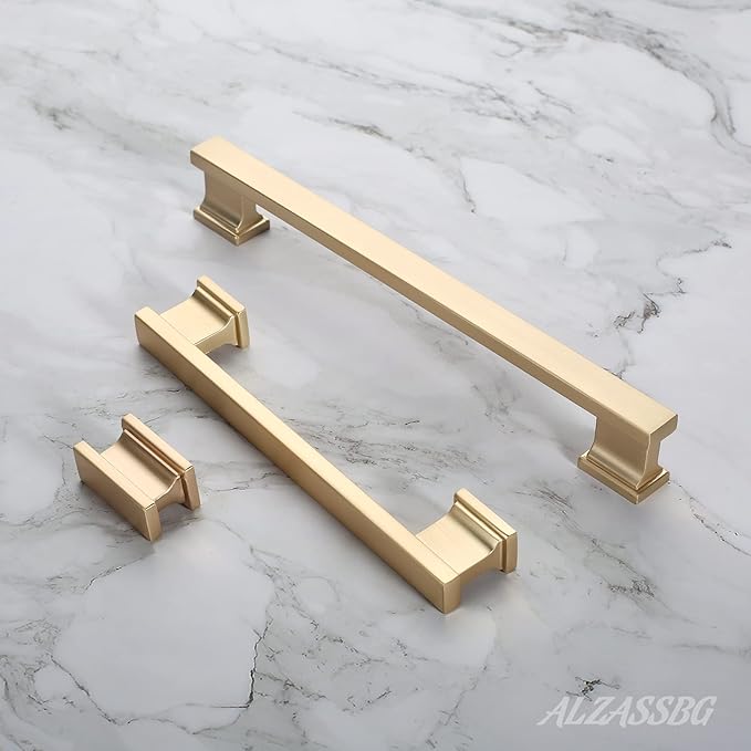 Alzassbg 10 Pack Brushed Brass Cabinet Pulls, 5 Inch(128mm) Hole Centers Gold Kitchen Cabinet Handles for Cabinets and Drawers AL3061BB