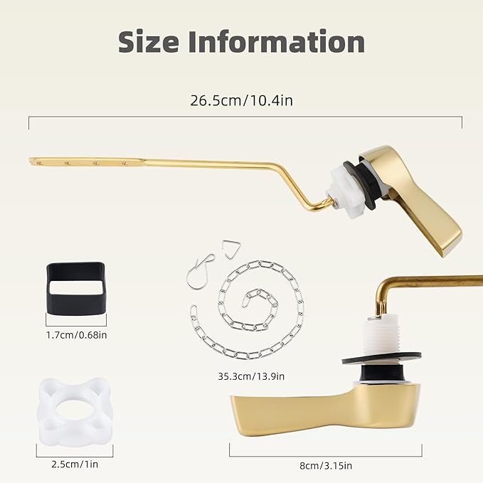 iFealClear Polished Gold Universal Side Mount Toilet Tank Flush Lever Replacement, Toilet Handle Replacement Kit with Stainless Steel Flapper Chain, Solid Brass Angle Mount Toilrt Trip Lever
