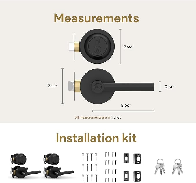 Mega Handles Ronn Entrance Combo, Entry Lever Door Handle and Single Cylinder Deadbolt Lock and Key, Heavy Duty Door Levers Set for Left or Right-Handed Doors - Matte Black (2 Pack) Keyed Alike