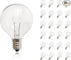 G40 Replacement Bulbs, 25 Pack Clear Glass Globe 5W E12 Candelabra Base Incandescent Light Bulbs, Warm White for Outdoor String Lights, Christmas, Patio, Holiday Decor