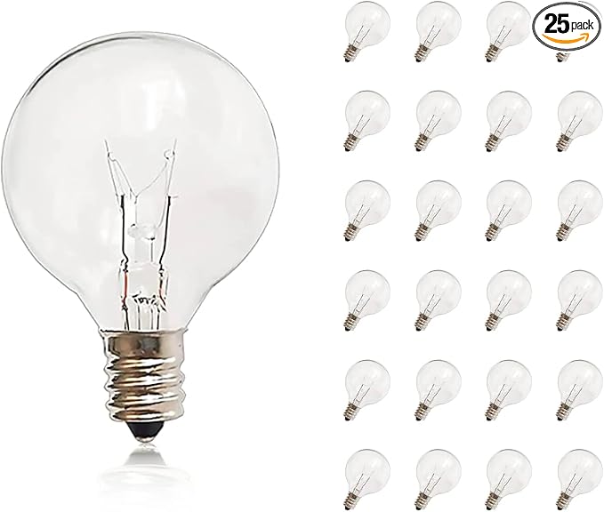 G40 Replacement Bulbs, 25 Pack Clear Glass Globe 5W E12 Candelabra Base Incandescent Light Bulbs, Warm White for Outdoor String Lights, Christmas, Patio, Holiday Decor