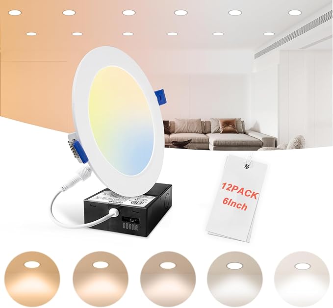 12 Pack 6 Inch LED Recessed Lighting with Junction Box, 5CCT Ultra-Thin Recessed Light, 1100LM High Brightness, Dimmable Canless Wafer Ceiling Light, 11W, FCC&ETL