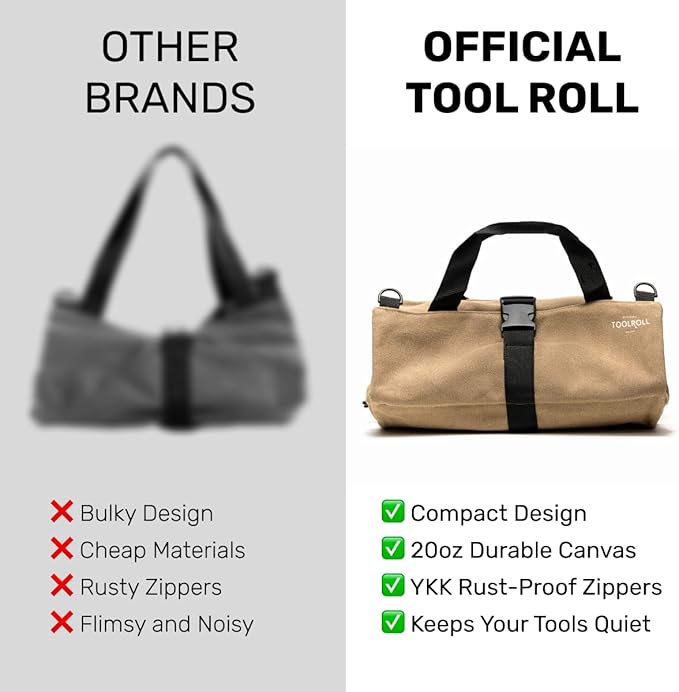 Official Voyager Tool Roll Bag - Easy to Carry 5-Pocket Roll Up Tool Bag - Durable 20oz Canvas, Rust-Proof YKK Zippers & Secure Buckle - A Gift for Dads, Mechanics, Electricians & Hobbyists| ArmyGreen
