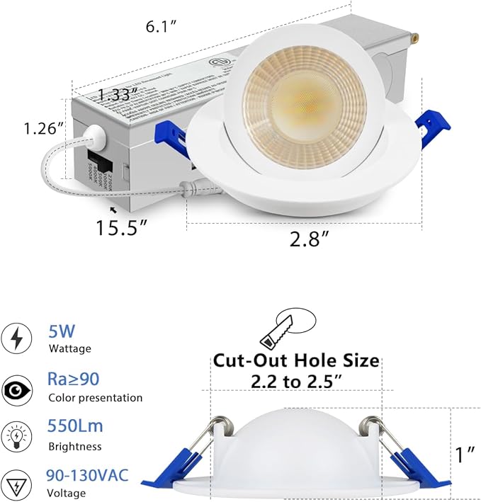 Adetu 2 Inch 5CCT Gimbal Led Recessed Lighting with Junction Box, 360°+90° Adjustable Recessed Can Lights, 2700K/3000K/3500K/4000K/5000K Selectable, 5W Eqv 50W, 550LM Brightness - ETL (White, 1 Pack)
