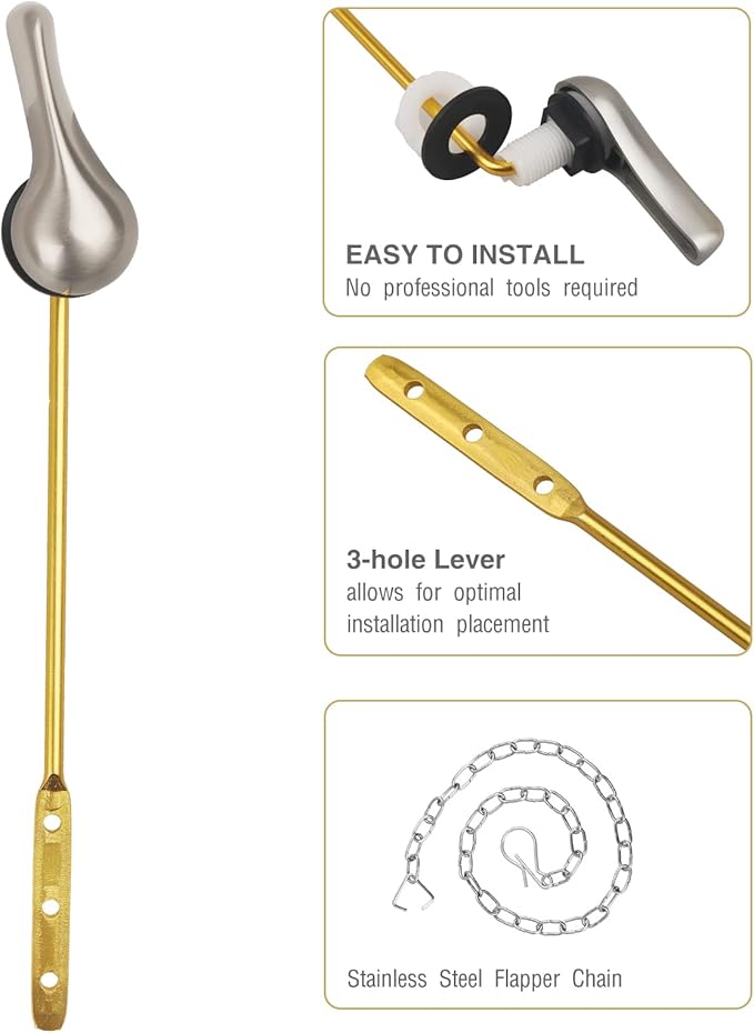 Toilet Handle Replacement Kit - Universal Flush Handle with Stainless Steel Flapper Chain and Brushed Nickel Lever