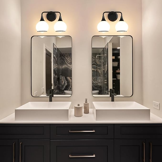 Black Bathroom Light Fixtures 2 Lights Vanity Lights with Milky White Frosted Glass Shade Bathroom Vanity Light 14 inch Wall Sconce Lighting Bath(Exclude E26 Bulb)