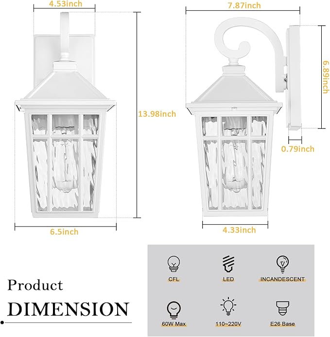 Darkaway Outdoor Wall Lights for House, Exterior Lighting Fixtures Wall Mount Outside Porch Lights Waterproof White Outdoor Sconce Lights with Water Ripple Glass for Patio Garage Front Door