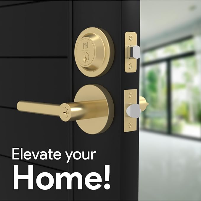 Mega Handles Ronn Entrance Combo, Entry Lever Door Handle and Single Cylinder Deadbolt Lock and Key Combo Pack, Heavy Duty Round Locking Door Levers Set for Left or Right-Handed Doors - Satin Brass