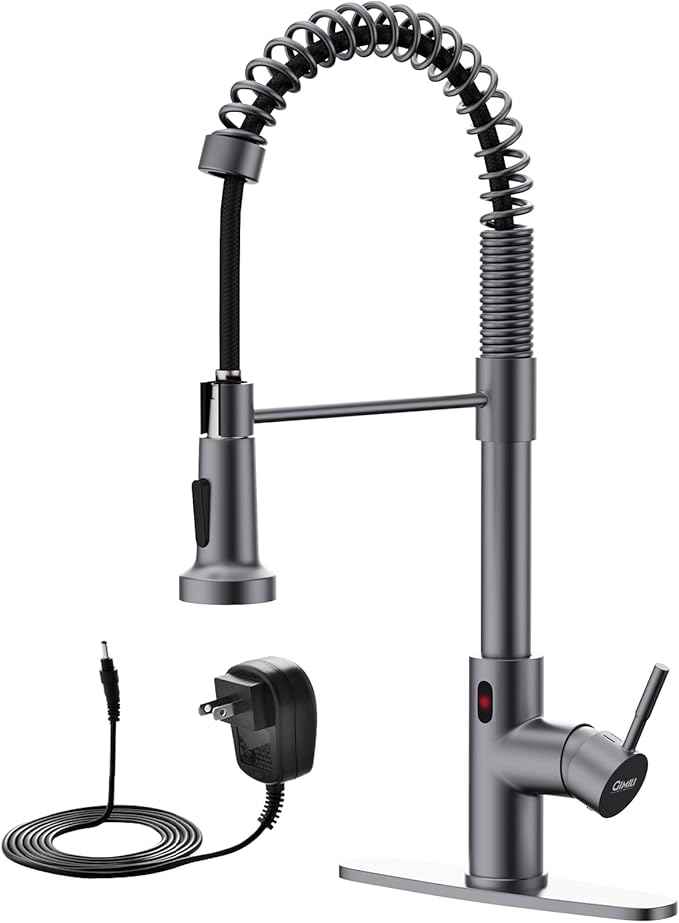 GIMILI Black Stainless Touchless Kitchen Faucet with AC Adapter, Smart Motion Sensor Hands Free Single Handle Kitchen Sink Faucet with Pull Down Sprayer