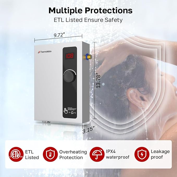 ThermoMate Tankless Water Heater Electric, 11kW 240 Volt On Demand Instant Hot Water Heater for Point of Use, Self-Modulating LED Display Knob Control, ETL Certified, 2.15GPM at 35°F Rise
